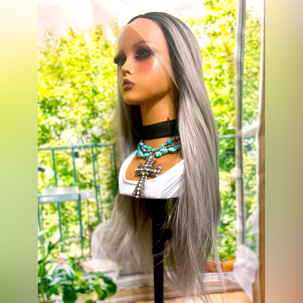Ombré Grey long straight lace front Premium Fiber Wig
